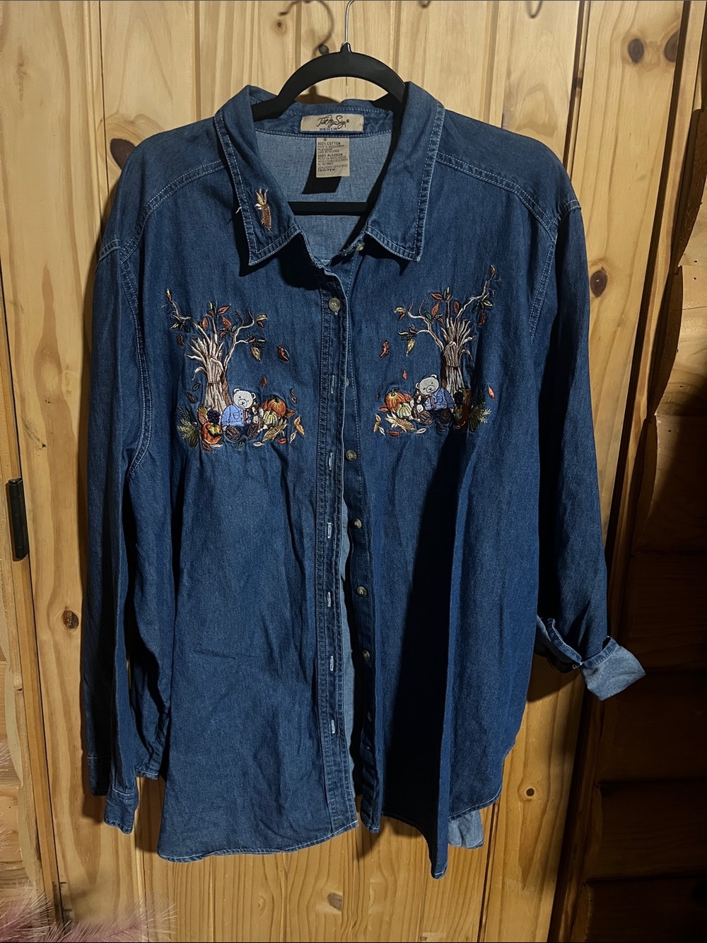 Just My Size Vintage Blue Denim Button-Down Shirt with Embroidered Fall & Bears